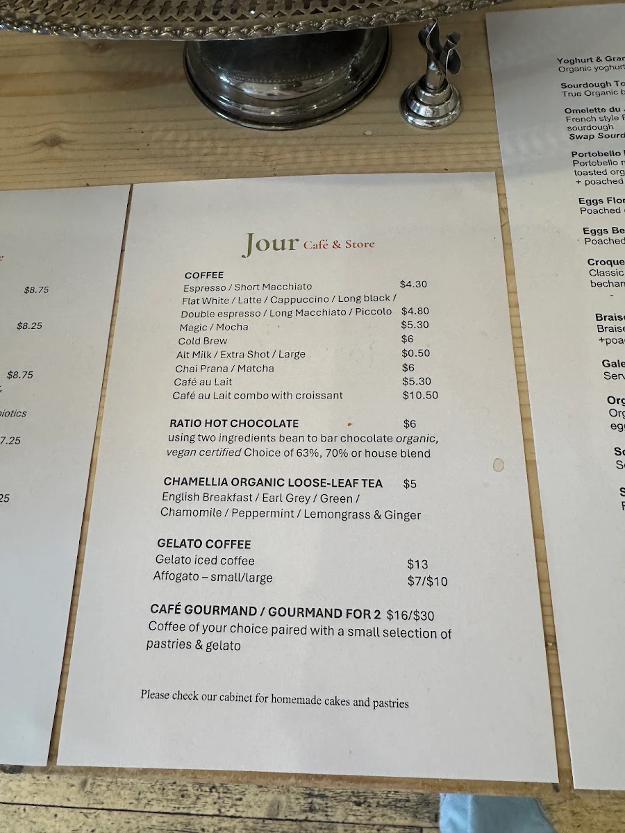 Menu, Jour Cafe & Store