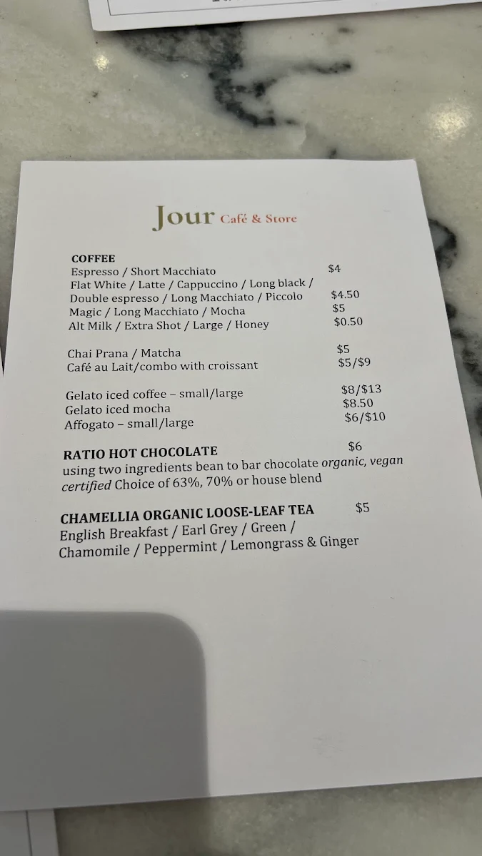 Menu, Jour Cafe & Store