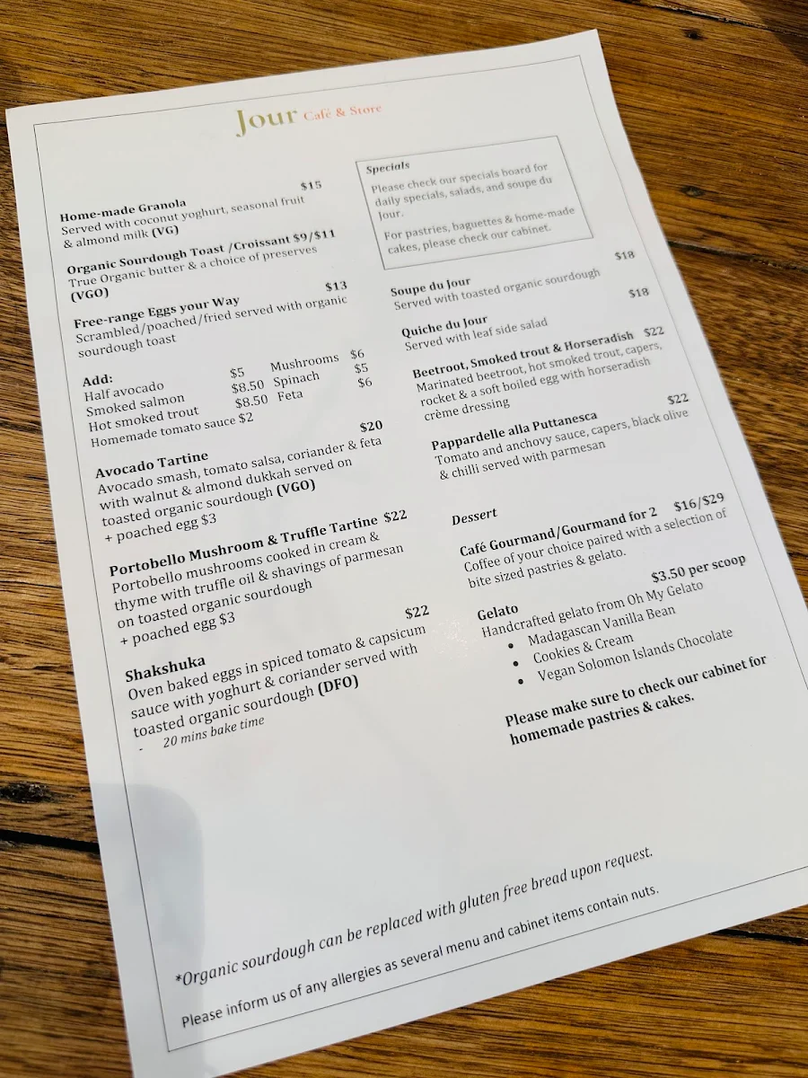 Menu, Jour Cafe & Store