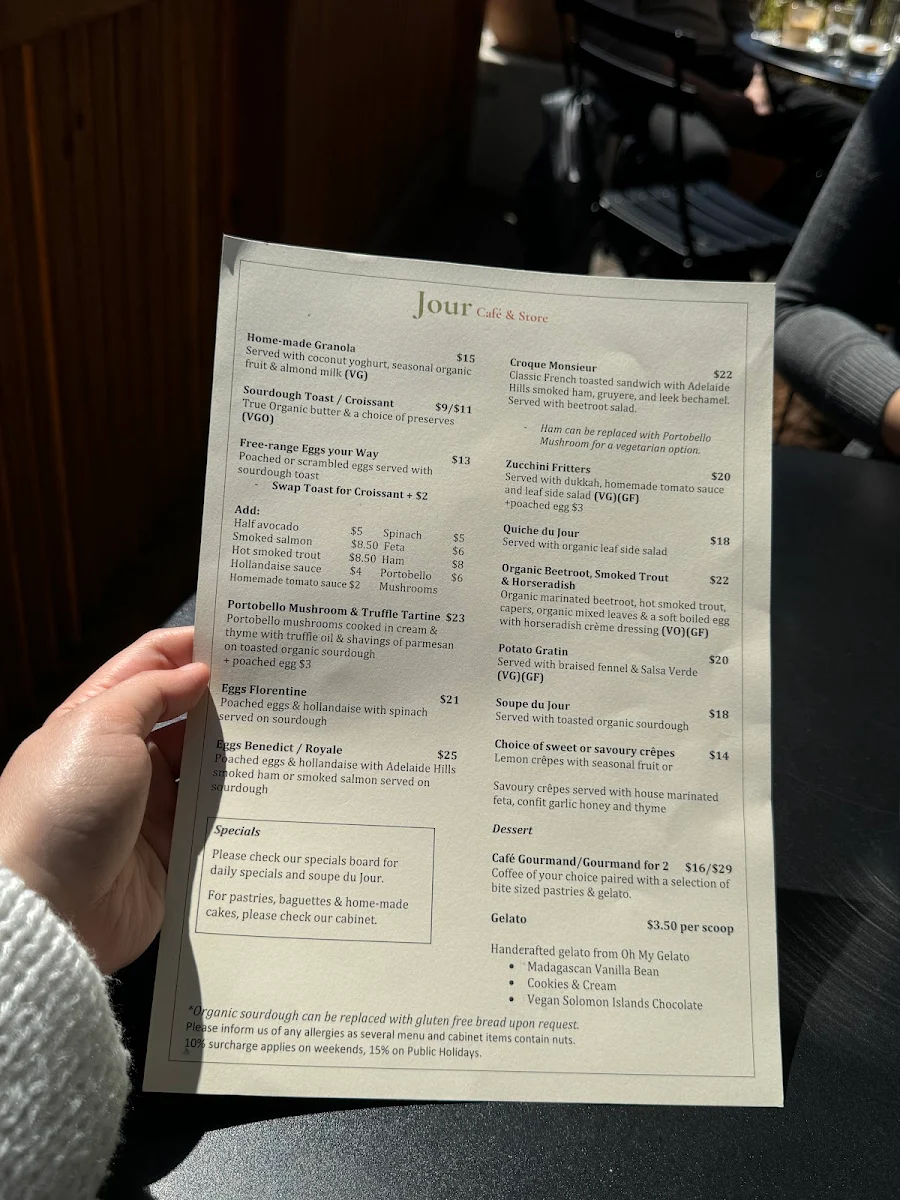 Menu, Jour Cafe & Store