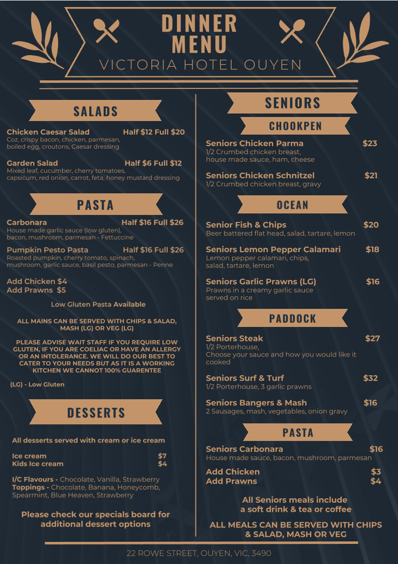 Menu, Victoria Hotel Ouyen