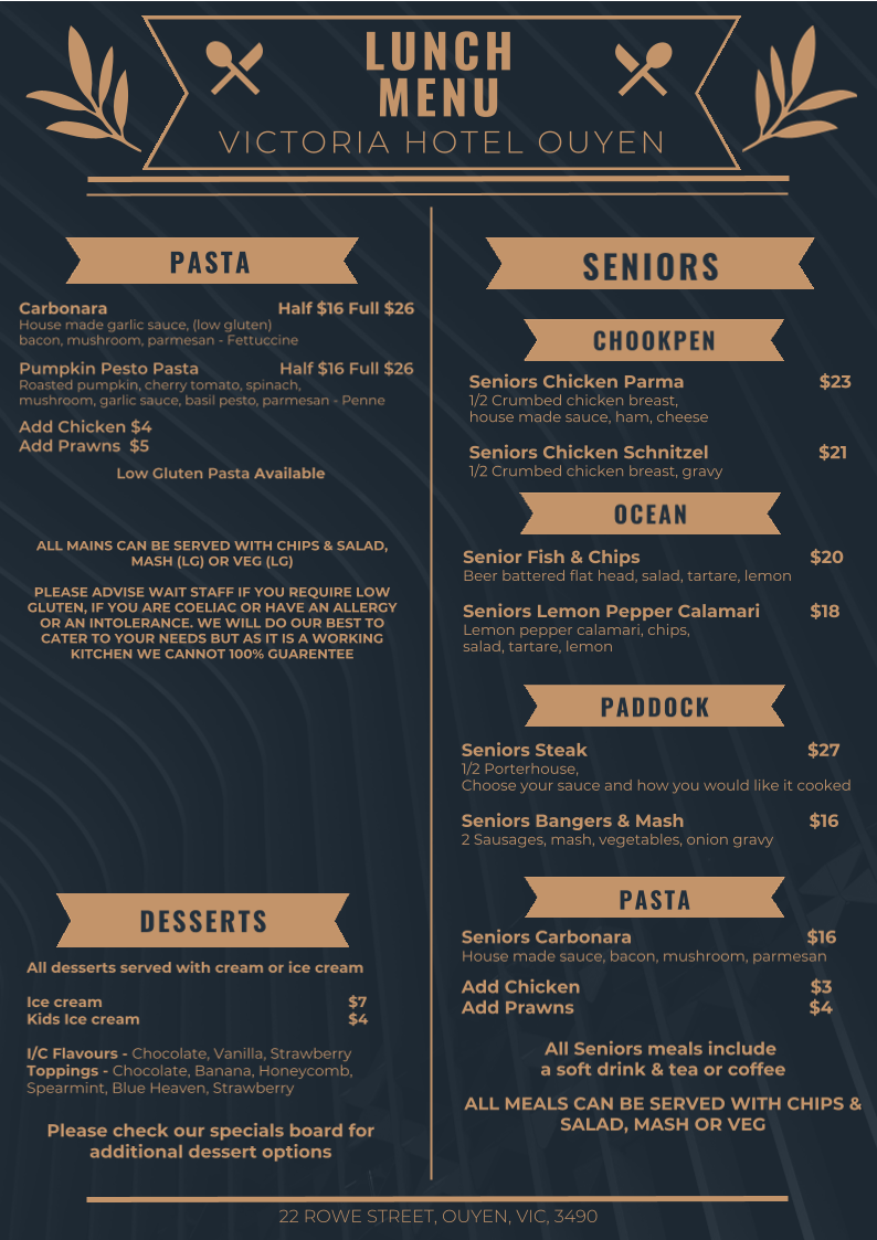 Menu, Victoria Hotel Ouyen