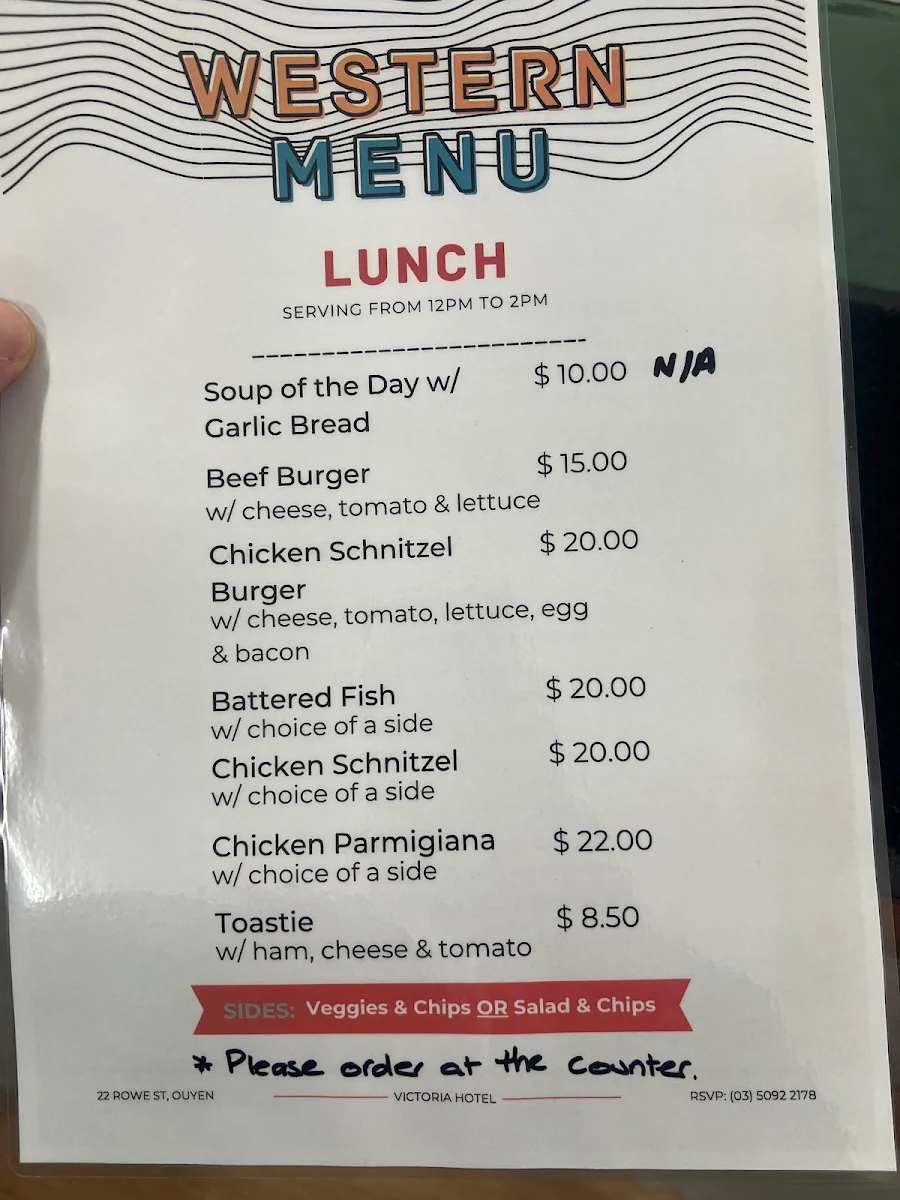 Menu, Victoria Hotel Ouyen