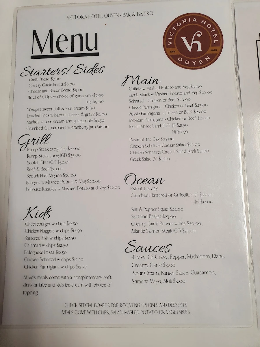 Menu, Victoria Hotel Ouyen