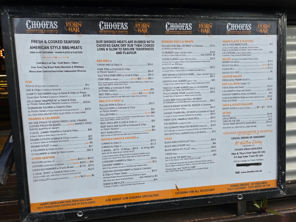 Menu, Choofas Smokehouse & Seafood