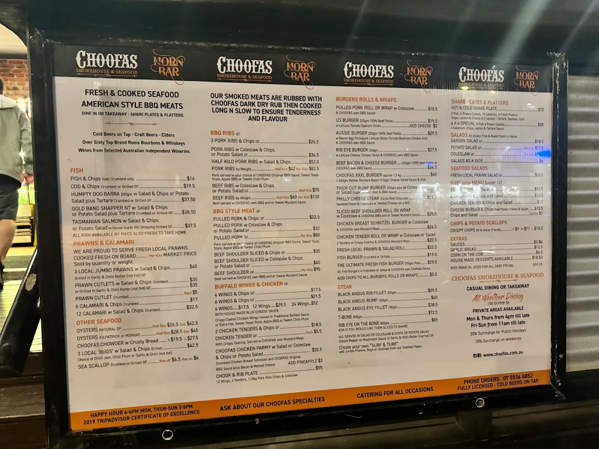 Menu, Choofas Smokehouse & Seafood
