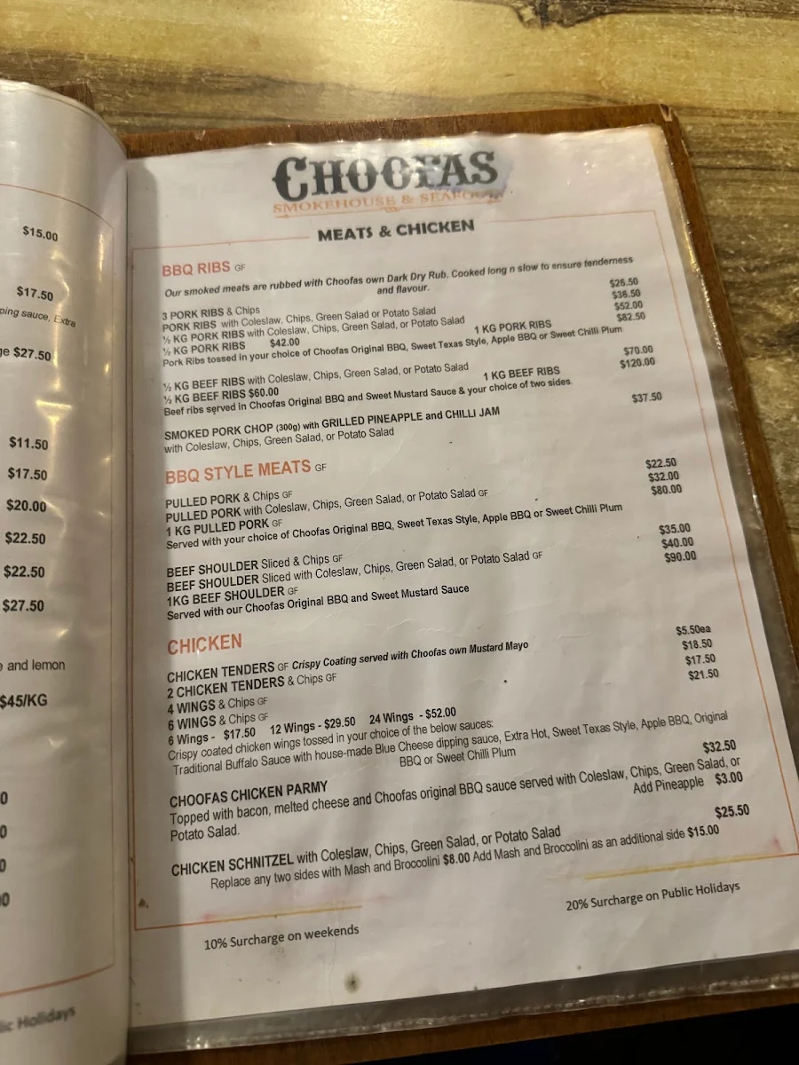 Menu, Choofas Smokehouse & Seafood