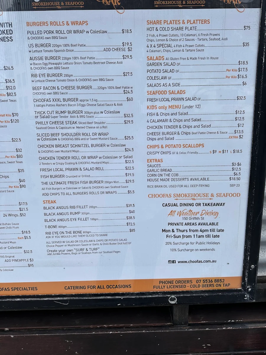 Menu, Choofas Smokehouse & Seafood