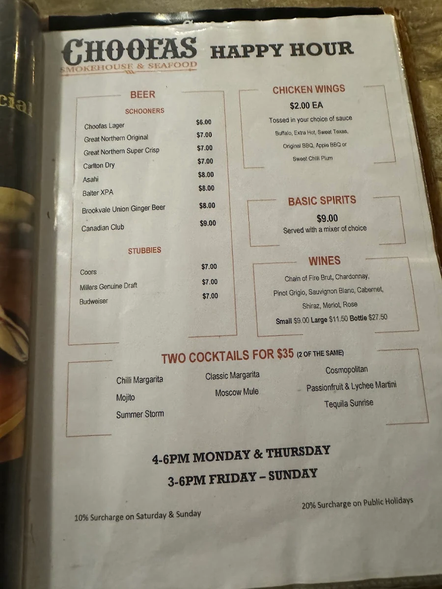 Menu, Choofas Smokehouse & Seafood