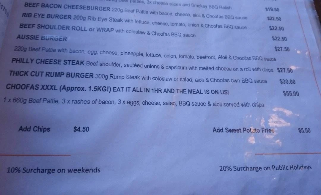 Menu, Choofas Smokehouse & Seafood