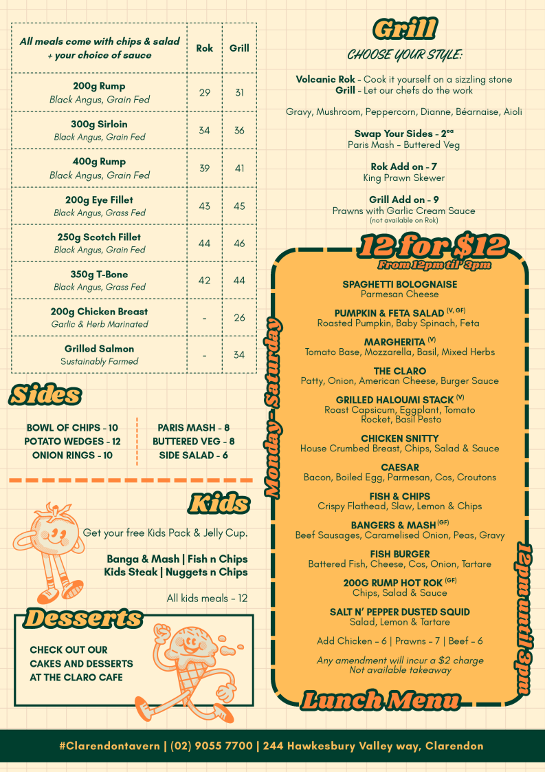 Menu, Clarendon Tavern