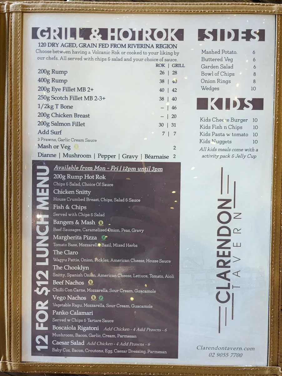 Menu, Clarendon Tavern