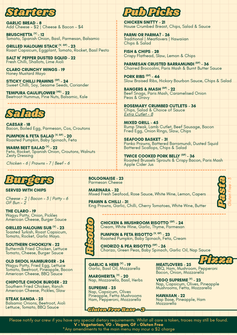 Menu, Clarendon Tavern