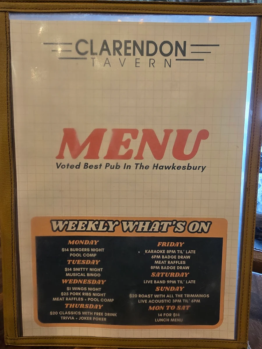 Menu, Clarendon Tavern