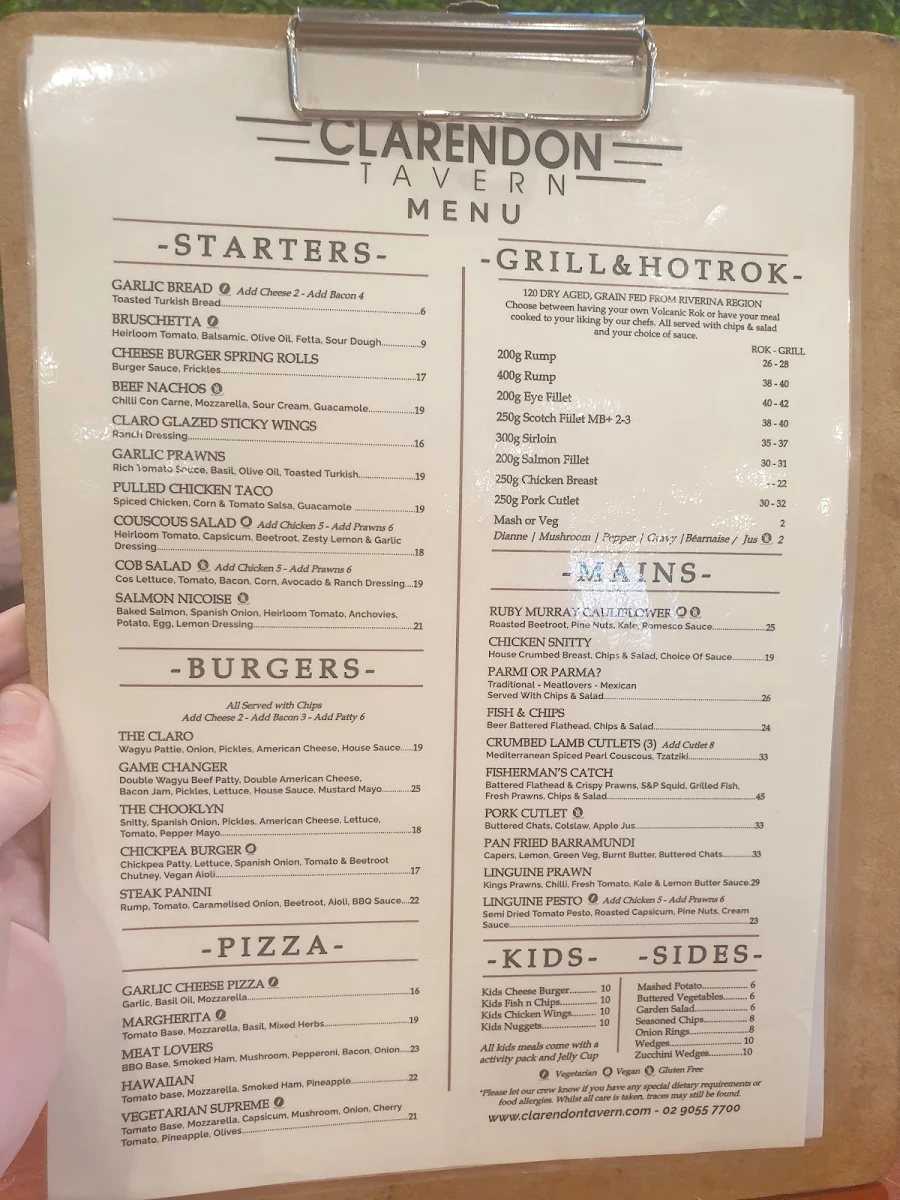 Menu, Clarendon Tavern