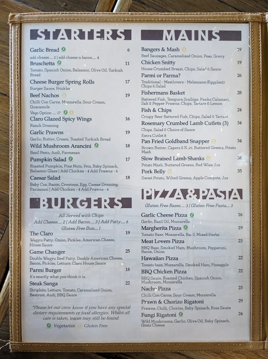 Menu, Clarendon Tavern