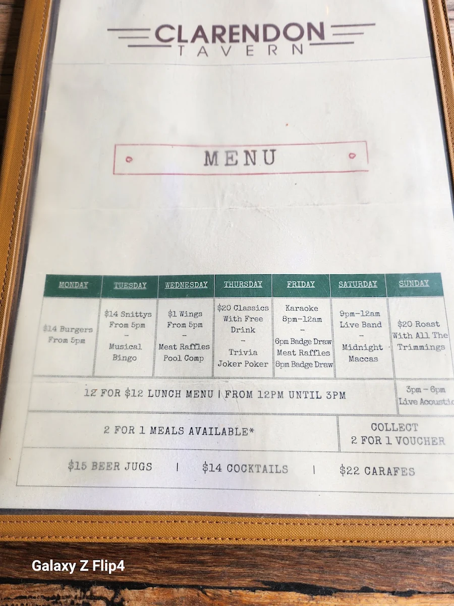 Menu, Clarendon Tavern
