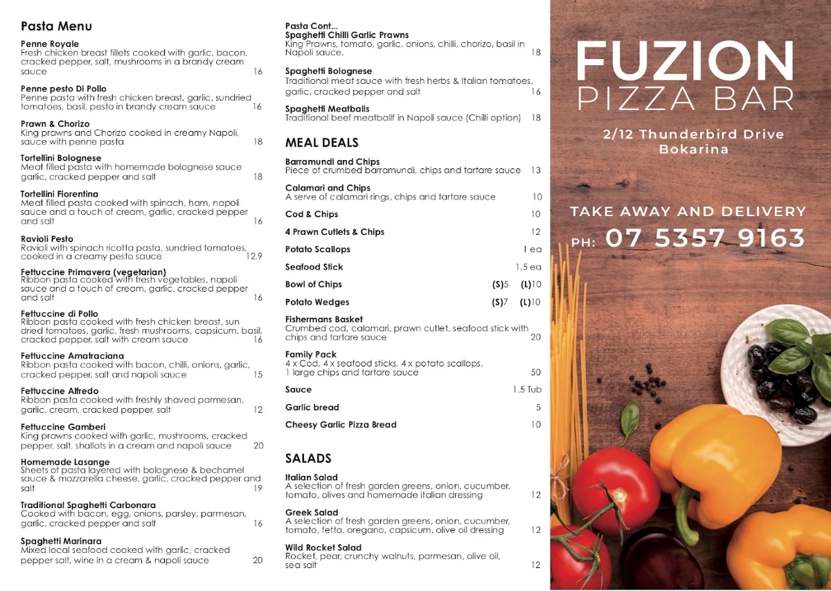 Menu, Fuzion Pizza Bar and Restaurant