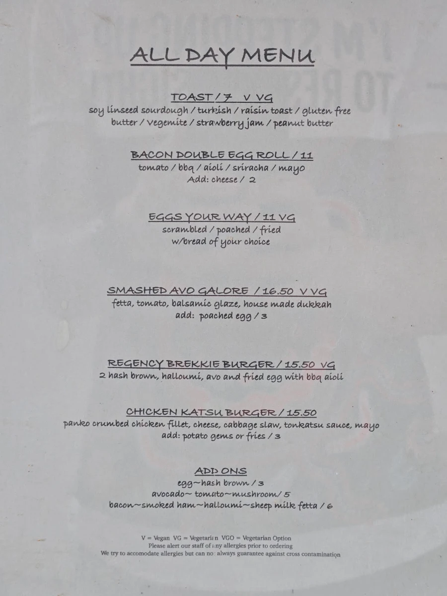 Menu, Regency Cafe