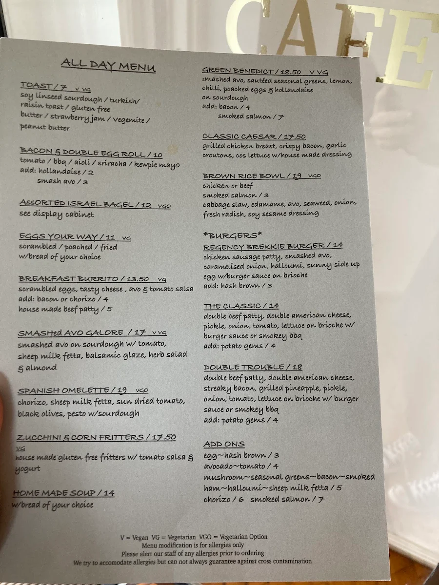 Menu, Regency Cafe