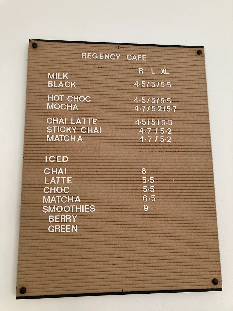 Menu, Regency Cafe