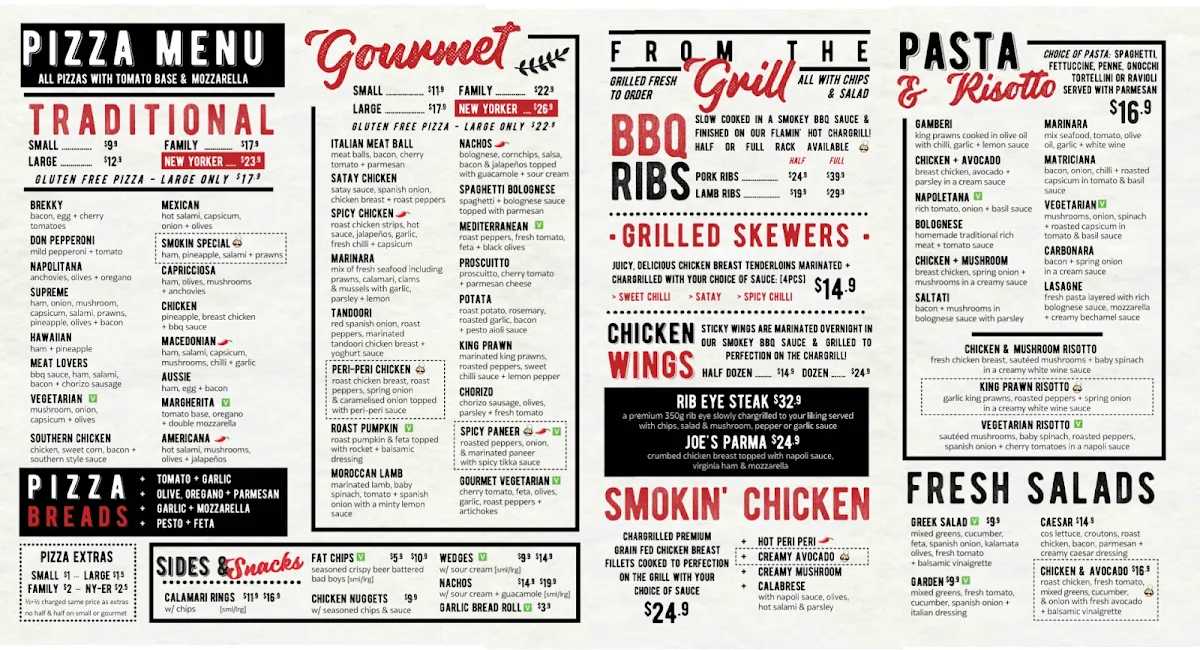 Menu, Smokin Joe's Pizza & Grill- Kangaroo Flat