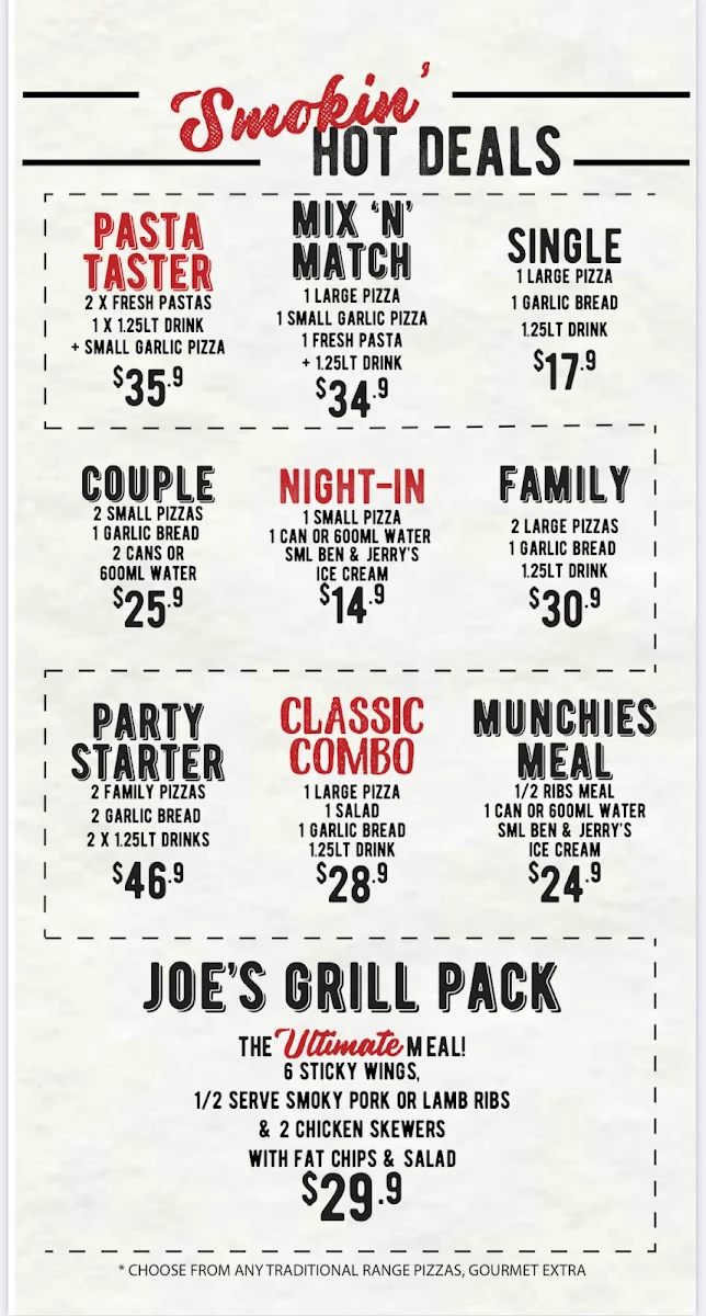 Menu, Smokin Joe's Pizza & Grill- Kangaroo Flat