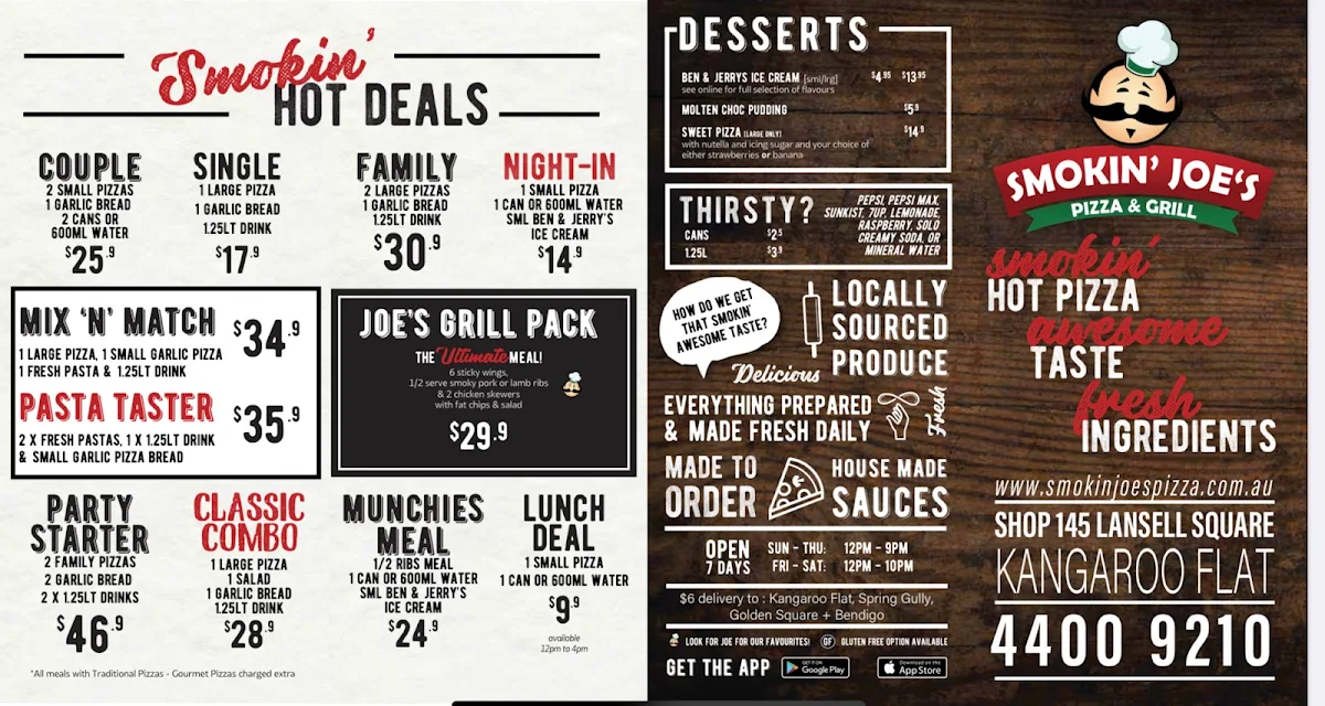 Menu, Smokin Joe's Pizza & Grill- Kangaroo Flat
