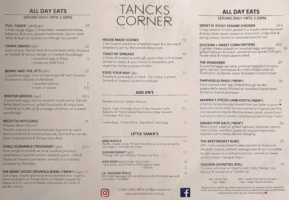 Menu, Tancks Corner