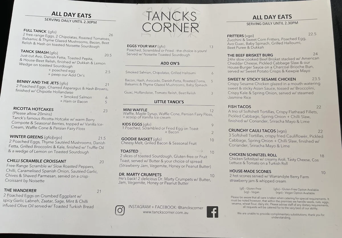 Menu, Tancks Corner