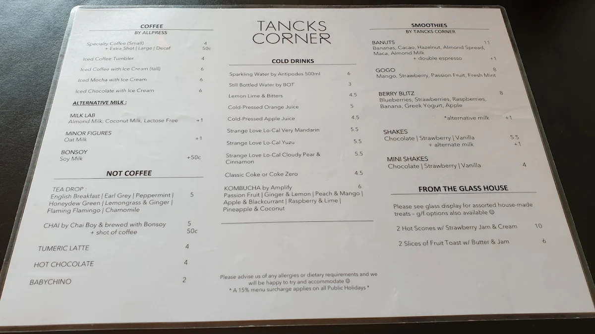 Menu, Tancks Corner