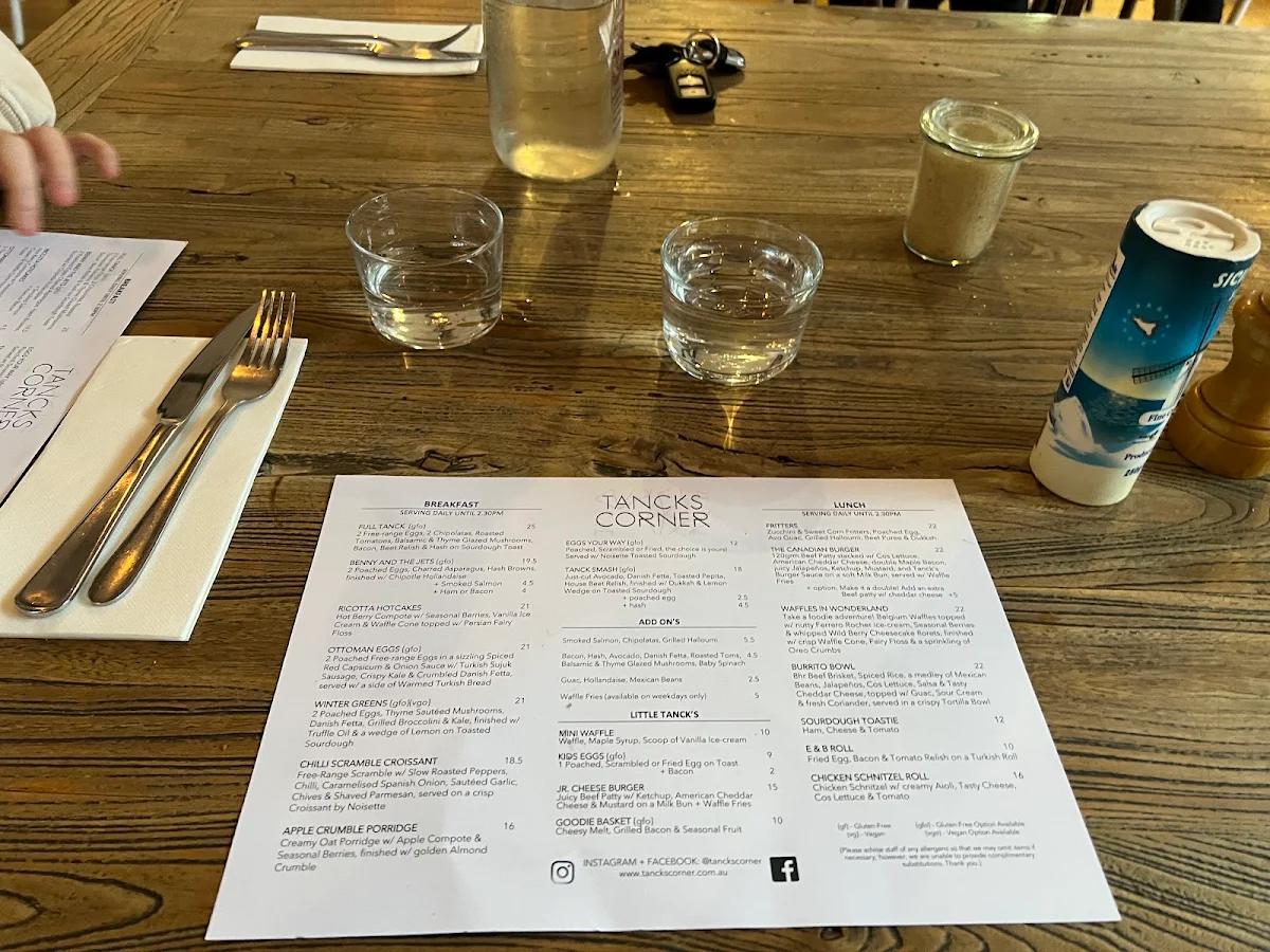 Menu, Tancks Corner