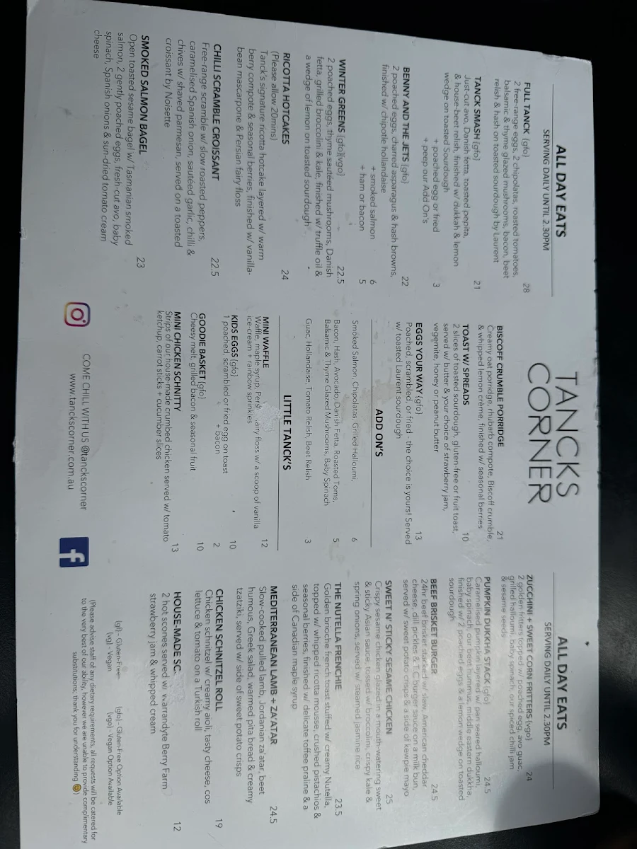 Menu, Tancks Corner