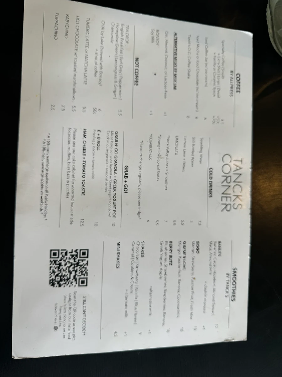 Menu, Tancks Corner