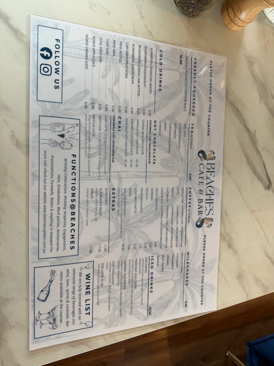 Menu, Beaches Cafe & Bar