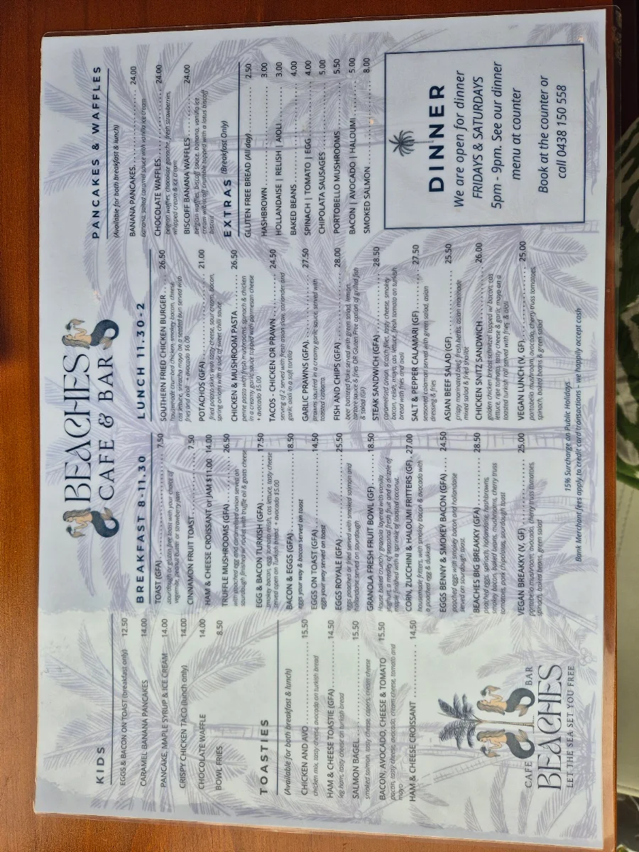 Menu, Beaches Cafe & Bar
