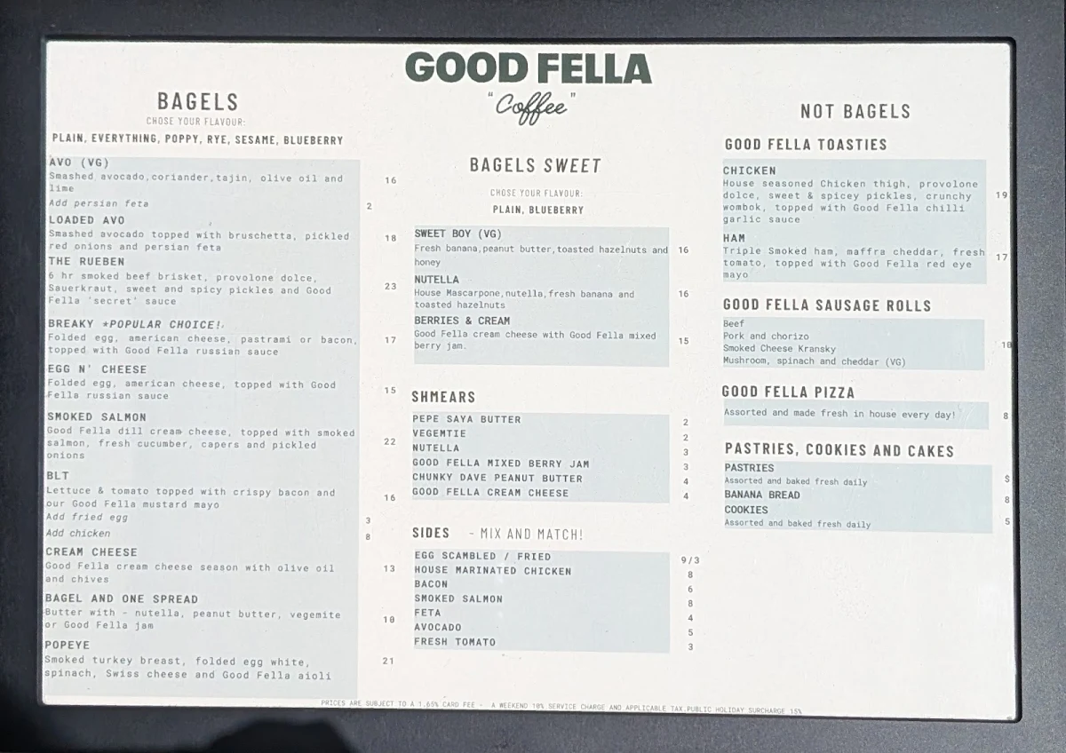 Menu, Good Fella Coffee