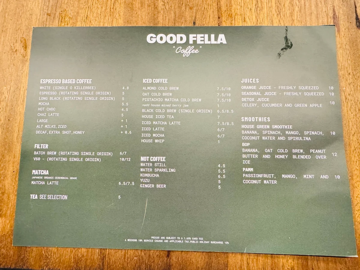 Menu, Good Fella Coffee