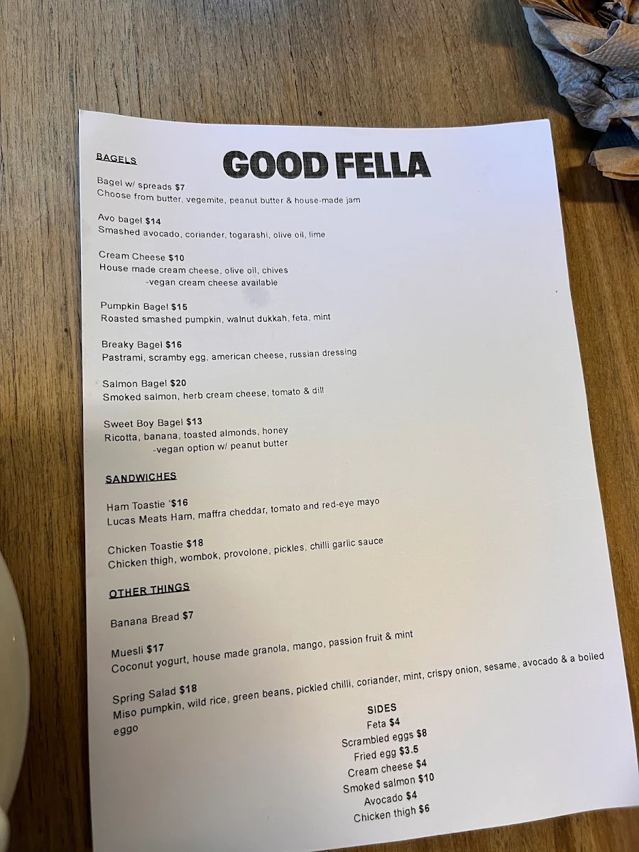 Menu, Good Fella Coffee