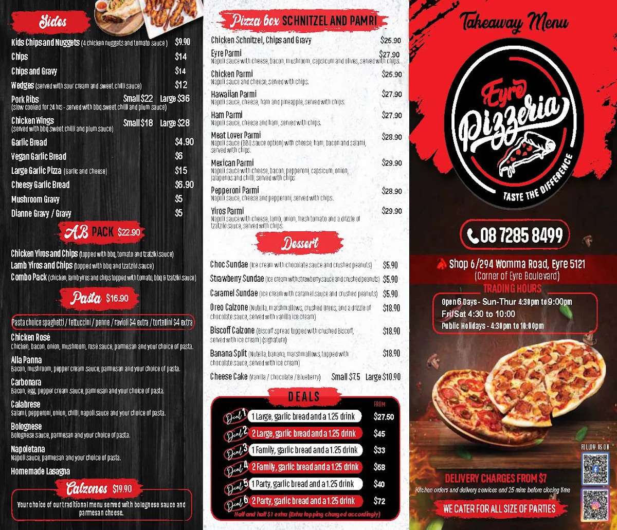 Menu, Eyre Pizzeria