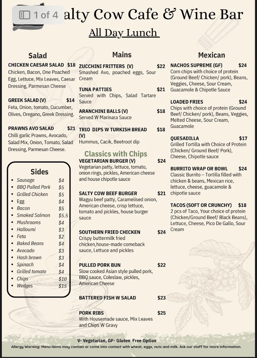 Menu, Salty Cow