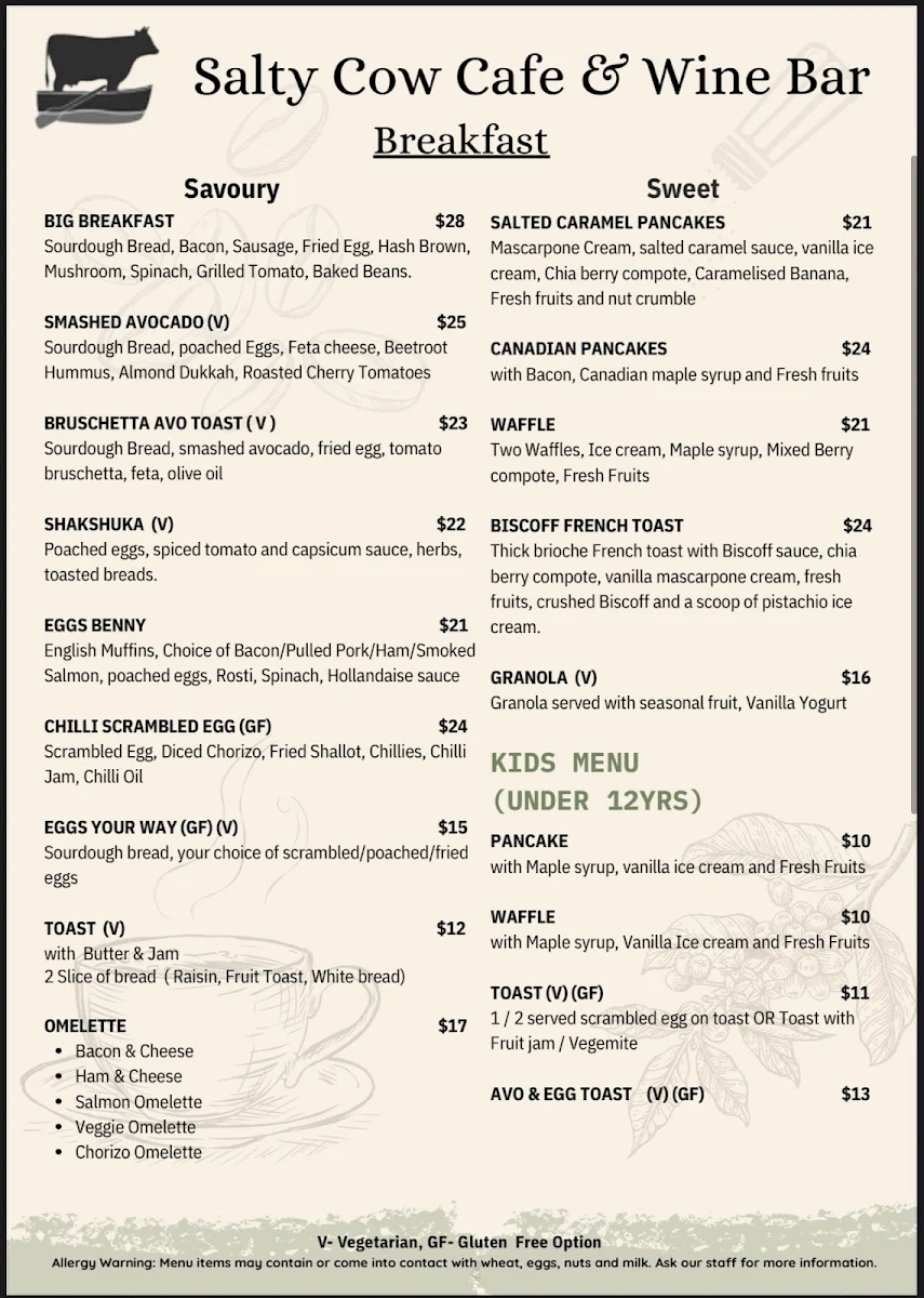 Menu, Salty Cow
