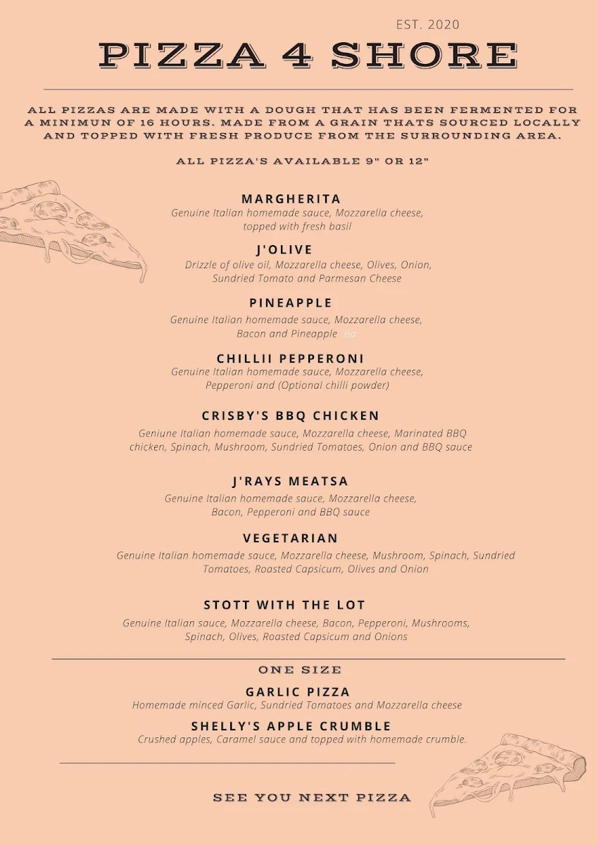 Menu, Pizza4shore