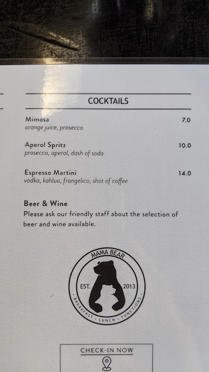 Menu, Mama Bear Cafe