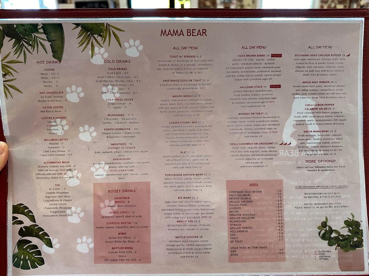 Menu, Mama Bear Cafe