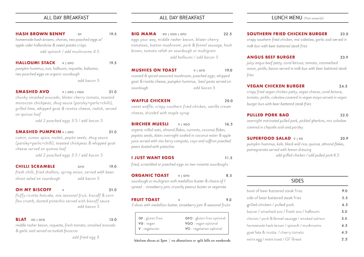 Menu, Mama Bear Cafe