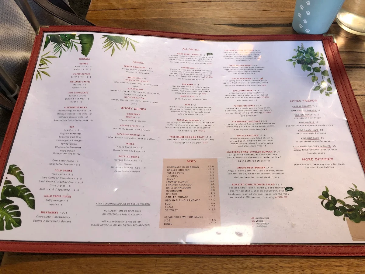 Menu, Mama Bear Cafe
