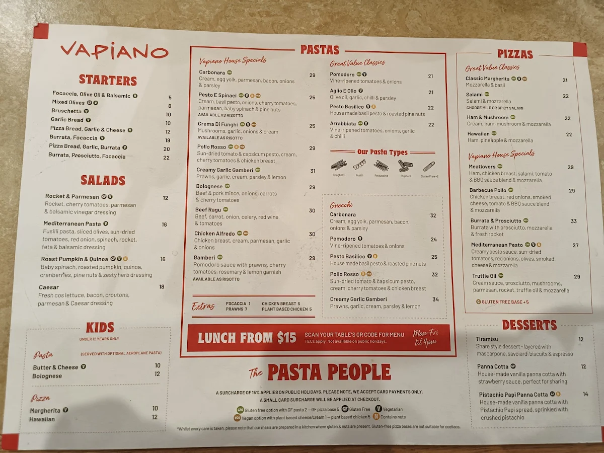 Menu, Vapiano Soul Boardwalk