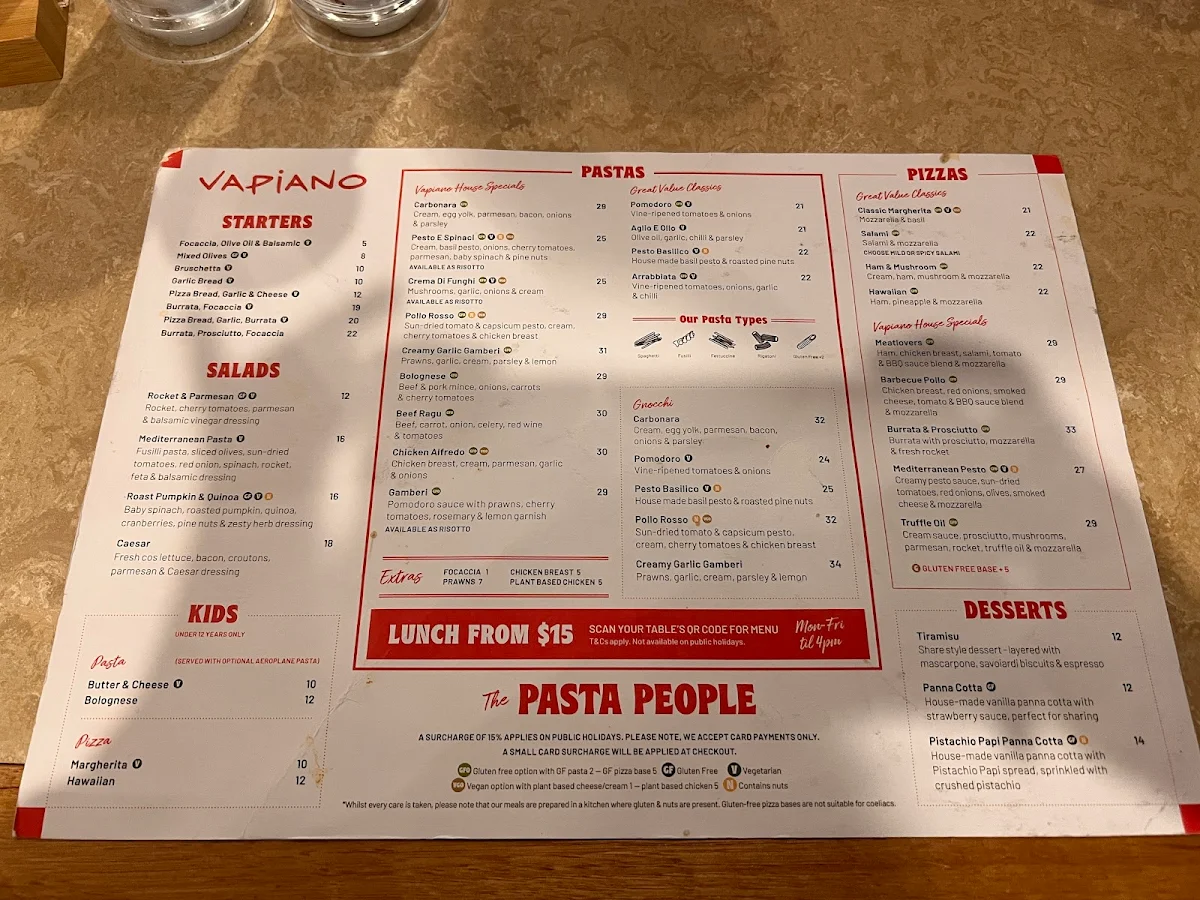 Menu, Vapiano Soul Boardwalk