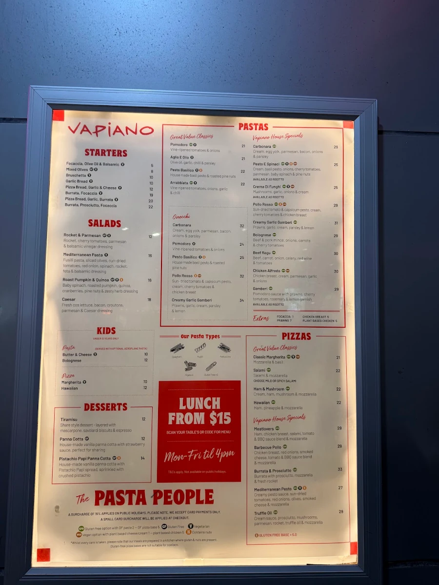Menu, Vapiano Soul Boardwalk